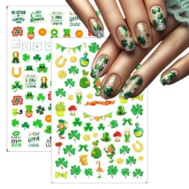10 Sheets St. Patrick's Nail Art Stickers Green Shamrock 3D Self-Adhesive Four-Leaf Clover Nail Decoration Formal Hat Flag Nail Decals Lucky for Women Irish Spring Summer Design Manicure Decor