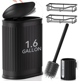 Stainless Steel Bathroom Trash Can and Toilet Brush Set, 1.6 Gallon Small Black Garbage Can with Press Type Lid, Black Narrow Wastebasket for Bathroom Bedroom
