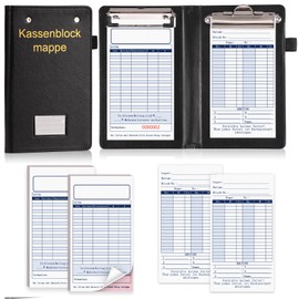 Cash Blocks 2 x 50 Sheets with 2 Addition Sheets Receipt Pad with Copy Sequential Numbered Invoice 9.5 x 17.5 cm Black Leather 21 x 12 x 3 cm with 2 Metal Clips and Pen Holder