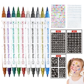 Pack of 10 Tattoo Pens Children Skin-friendly, Tattoo Pens for Children, with 3 Stencils Painting, 2 Rhinestone Stickers, Easy to Wipe Clean and Colourful