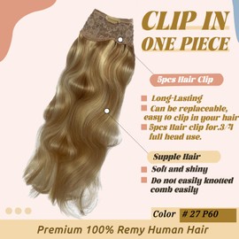 Body Wave Clip in Hair Extensions Real Human Hair,Balayage #27/60 Strawbery Blonde Mix Blonde Thick Human Hair Extensions 70g Wavy Clip ins Extensions One Piece 5 Clips for Women