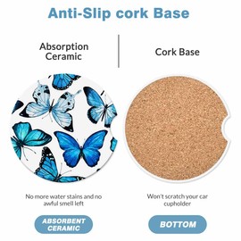 Butterfly Blue 2 Pack Car Cup Holder Coaster Animals Exquisite Wings Fantasy Anti Slip Insert Absorbent Ceramic Car Coaster with Cork Base and Finger Notch Cute Car Accessories Interior for Women Men