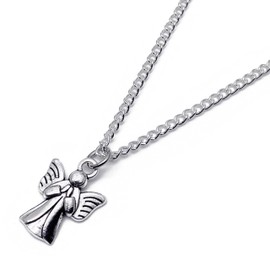 Angel Charm Necklace, Spiritual Silver Tone Charm Pendant on 16 Inch Silver Plated Curb Chain, Pretty Gift for Women, Angel Wings Gift