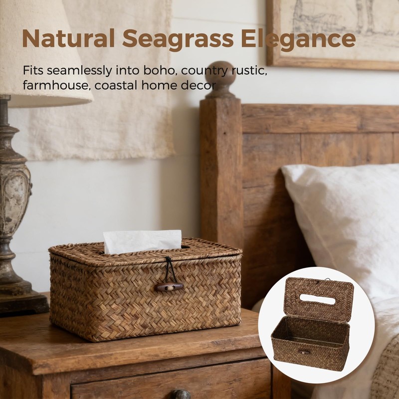 Rectangle Wicker Tissue Box Cover, Natural Seagrass Tissue Box Holder