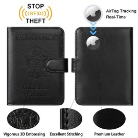Passport Holder Cover Wallet RFID Blocking Leather Card Case Travel Accessories for Women Men, 118#Black, For Airtag