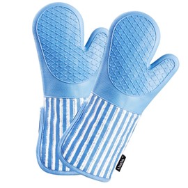 Alselo Silicone Oven Mitts Heat Resistant 932℉ with Waterproof & Non-Slip Kitchen Mittens, Set of 2 Extra Long Oven Gloves with Soft Cotton Terry Lining for Baking Cooking Barbecue (2, Blue Mitts)