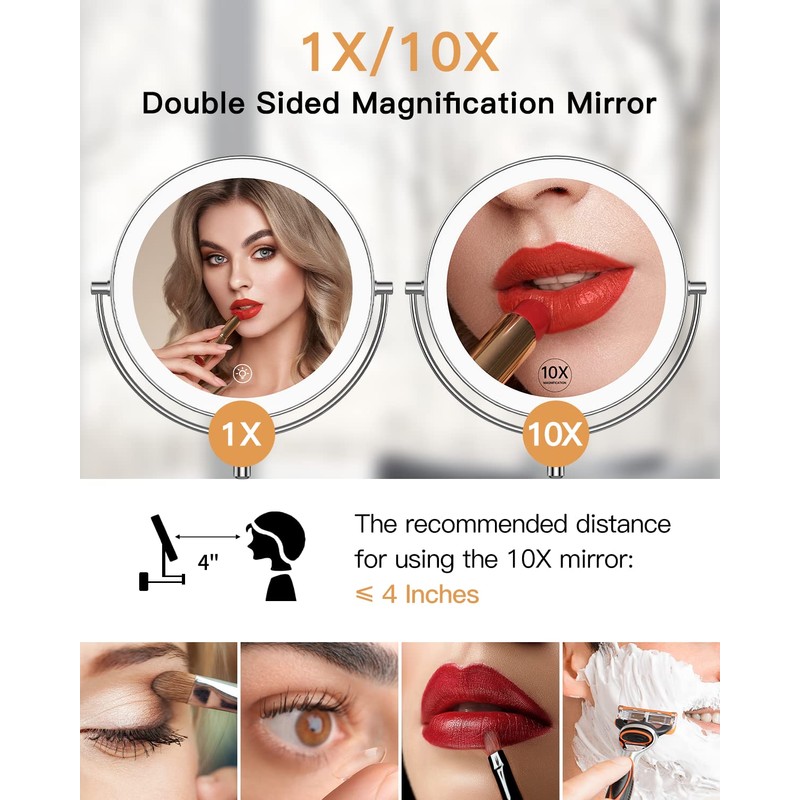 Gospire 9” Wall Mounted Lighted Magnifying Mirror, 1X/10X Magnification Double-Sided