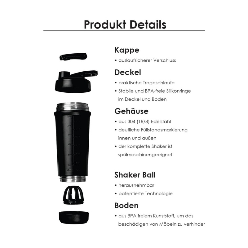 Peaksymmetry Black Stainless Steel Protein Shaker with Screw Cap