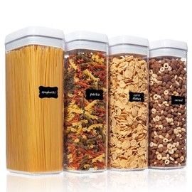 Airtight Food Storage Containers, Vtopmart 4 Pieces Large BPA Free Plastic Spaghetti Containers with Easy Lock Lids, for Kitchen Pantry Organization and Storage, Include 24 Labels (White,