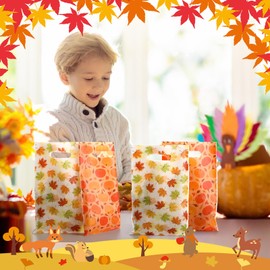 SilTriangle 48 Pcs Fall Plastic Gift Bags Bulk Thanksgiving Autumn Goodie Treat Party Favor Bags with Handle Maple Leaves Pumpkin Candy Pouches for Fall Party Supplies Gift Wrap