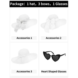 Sun Hats for Women, Wide Brim Floppy Beach Straw Hat for Summer Travel Vacation Foldable with Heart Shaped Sunglasses UPF 50+ Off-White