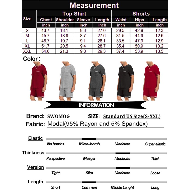 SWOMOG Men Modal Pajamas Set Comfy Sleepwear Short Sleeve Pjs