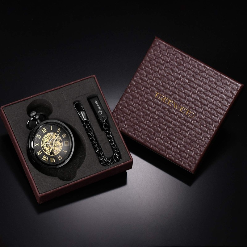 TREEWETO Pocket Watch with Chain Men's Analogue Mechanical Hand Winding