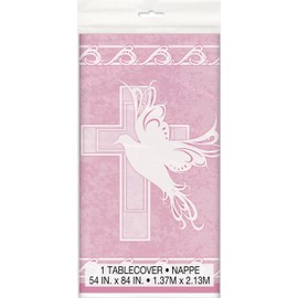 Unique Party 29883 - Plastic Pink Dove Cross Christening Tablecloth, 7ft x 4.5ft