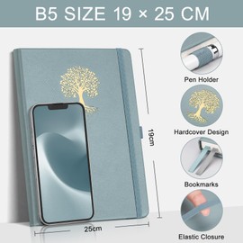 EMSHOI B5 Notebook Lined - 100gsm Hardcover Leather Journal with Sticky Notes, 96 Numbered Pages College Ruled Notebook for Women Men Work School Writing Journaling, 19 X 25 cm - Gray Blue