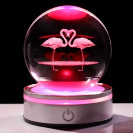 Movdyka Flamingo Gifts for Women Men 3D Crystal Ball with Colorful Light Base, Laser Engraved Flamingo Decor Glasses Snow Globe Crafts Gifts for Her Wife on Valentine's Day Birthday- 3.15"/8CM