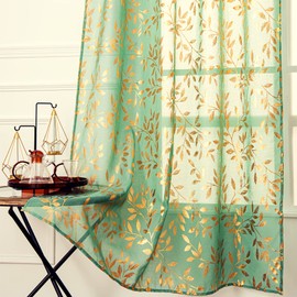Deeprove Cortinas transparentes de 63 pulgadas de largo, con estampado de hojas de vid con purpurina dorada, juego de 2 pares para cocina, sala de estar, cortinas de privacidad de bronce tropical, bolsillo para barra, 52 pulgadas de ancho x 63 pulgadas d
