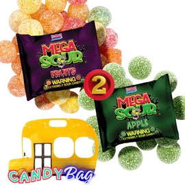(PACK OF 2) Barnetts Mega Sour Bombs - Apple and Fruits - Extremely Sour Candy - 1 Bag of 3.2oz of Each Flavor - Comes With One Bus Resealable ZipBag (Apple+Fruits)