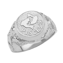 Astrology Jewelry Solid 925 Sterling Silver Pisces Zodiac Sign Band Nugget Men's Ring (Size 10)