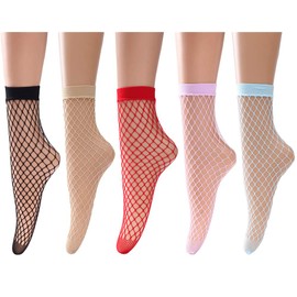 DEEP TOUCH Women's anklet Fishnet Socks Lace Stort Sockings Hollow Out Anklet Dress Low Mesh Net Socks 5 Pairs