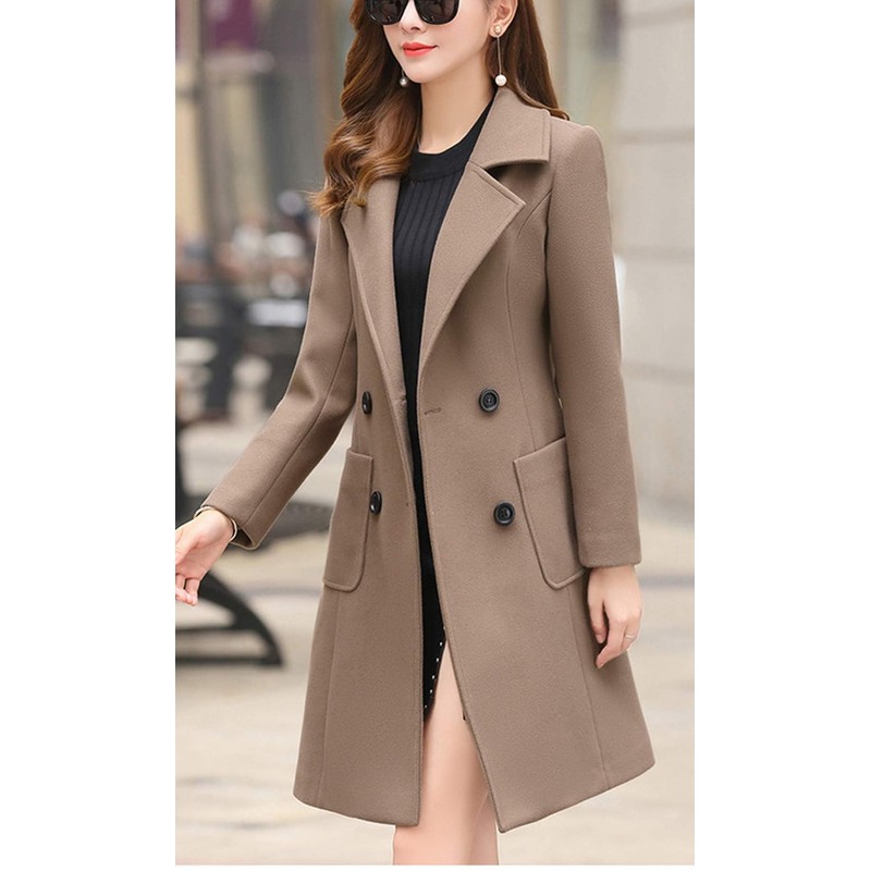 chouyatou Women Elegant Notched Collar Double Breasted Wool Blend Over