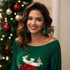 FAUTHENTICUTE Christmas Green Tassel Earrings For Women Lightweight Christmas Tree Dangle Earrings Green Earrings Christmas Jewelry