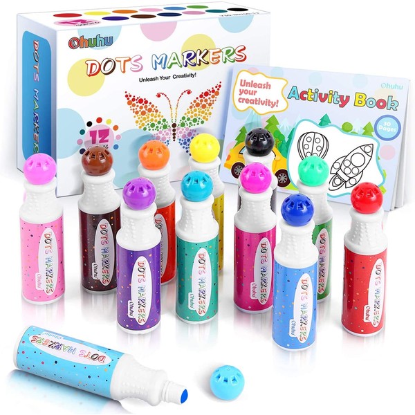 Ohuhu Washable Bingo Dabbers, 12 Colours Dot Markers (40 ml) for Toddler with 30 Pages Blank Activity Book, Non-Toxic Water-Based Dot Art Markers for Kids Children (3 Ages +) Preschool