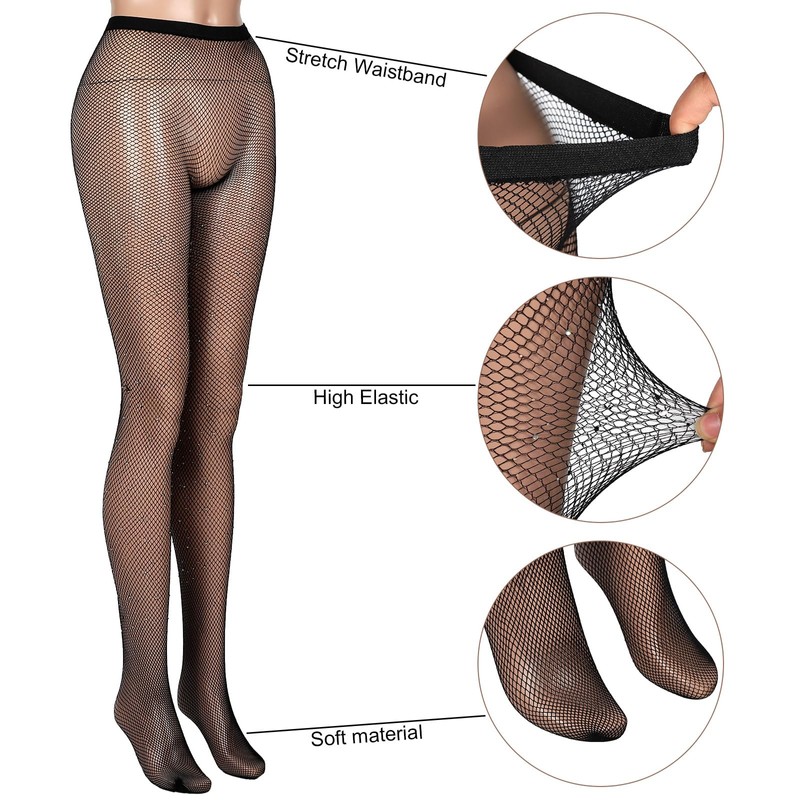 Geyoga 3 Pairs Rhinestone Fishnets Stockings for Women Glitter Fishnets