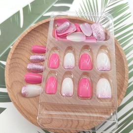Oval Press on Nails Short False Nails with Pink Glitter Design Glue on Nails Rose Pink Full Cover Acrylic Nails Press ons Glossy Fake Nails Artificial Stick on Nails for Women Girls 24Pcs