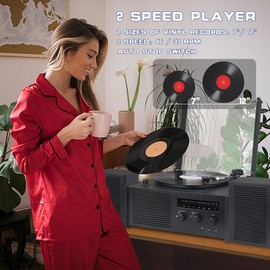 LUXSWAY Vinyl Record Player, Turntable with Bluetooth Input & Output, Vinyl Record Player with Bookshelf Speakers, Belt Drive 2-Speed, USB Encoding, FM Radio, Remote Control, Black Wood