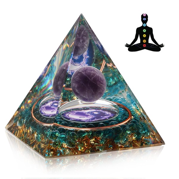 Orgone Pyramid Crystal, Stone Orgone Pyramid Amethyst Sphere Life Tree Balance Chakras, Meditation Aids Sleep, Health Protection Positive Energy Generator to Attract Wealth and Wisdom (Green)