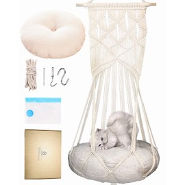 KARCEEY Macrame Cat Hammock,Macrame Hanging Cat Bed with Catnip Cushion and Hanging Kit (1.Macrame Hammock with Cat Bed)