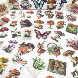 YOKSAS 50PCS Vintage Nature Mushroom Clear Scrapbook Stickers – Retro Botanical Fairycore Stickers for Journaling, Planners, Crafts, Cards & Art Projects