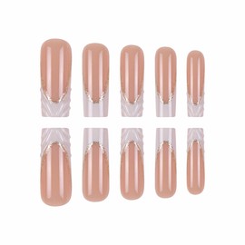 BABALAL Long Press on Nails Square White French Tip Fake Nails Gold Bling Glue on Nails 3d Texture Design Acrylic Nails 24Pcs Squoval Full Cover Manicure Stick on Nails for Women Girls