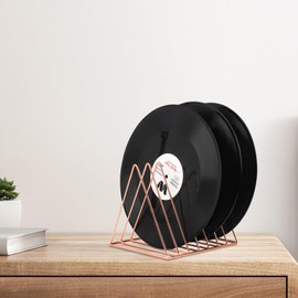 COSYAWN Triangle 7 Slot Vinyl Record Holder, Anti-Rust Metal Magazine Album Display Rack Desktop File Sorter Organizer, Paper Letter Newspaper Storage for Home Office, Rose Gold 2 PACK
