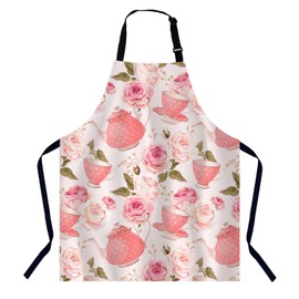BGBDEIA Teapots Cups and Flowers Apron Adjustable Neck Bib Apron for Men Women,Suitable for Kitchen Cooking Waitress Chef Apron