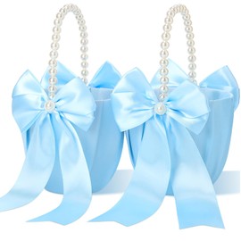 Zhehao 2 Pcs Wedding Flower Girl Baskets with Cute Pearl Handle Bowknot Satin Flower Baskets for Wedding Ceremony, Blue