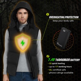 Eoyekli Heated Vest for Men Lightweight - Detachable Heated Hood and 7.4V 16000mAh Battery Pack, Mens Heated Vest (Black+16000mAh Battery, M)