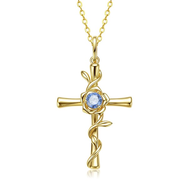 Aquamarine Cross Necklace for Women, 14K Gold Rose Flower Birthstone