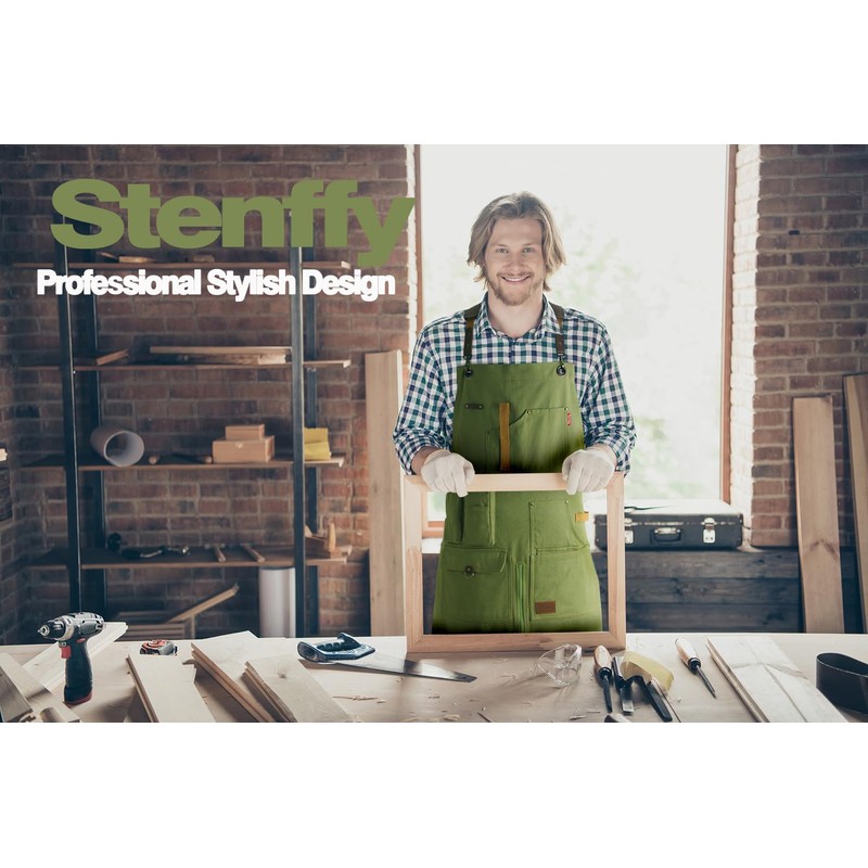 Stenffy Woodworking Apron, Tool Apron, Canvas, Multiple Pockets, Adjustable Zipper,