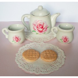 Pink Rose Ceramic Tea Set Pitcher 2 Tea Cups 2 Cookies Playset for 14 inch and 18 Inch dolls American Girl®, Journey Girls, Our Generation, Madame Alexander, Wellie Wishers, Hearts for Hearts, Glitter