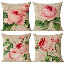 YeeJu Set of 4 Pink Rose Pillow Covers 18x18 Vintage Floral Decorative Cushion Cover Plant Flower Throw Pillow Covers for Home Outdoor Sofa Couch Decoraions (18 Inch)