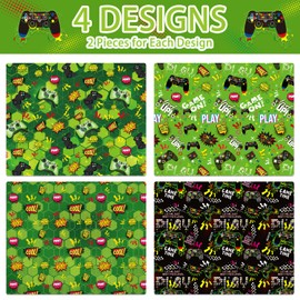 Mpanwen Green Video Game Wrapping Paper for Boys Kids, 8 Sheets Large Gamer Gaming Gift Wrap Game on Wrapping Paper for Christmas Birthday Holiday - 27 x 39.5 Inches Per Sheet