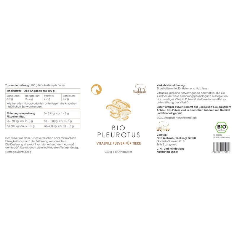 Pilze Wohlrab - Organic Pleurotus Powder for Animals, 300 g