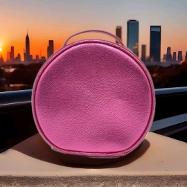 Neiman Marcus New Stephanie Johnson/Nieman Marcus Toiletry Makeup Round Bag Metallic Pink