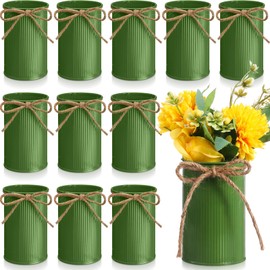 Domensi 4.33 Inch High Farmhouse Vase Decor Vintage Flower Vase with Twine Bow Rustic Galvanized Metal Buckets for Artificial Flowers for Table Centerpiece Weddings Home(Sage Green,12 Pcs)