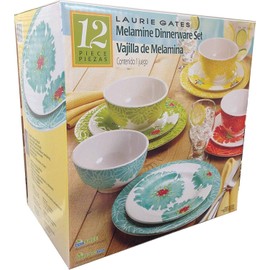 Laurie Gates - 12 Piece Melamine Dinnerware Set (Red, Yellow, Green, Blue)