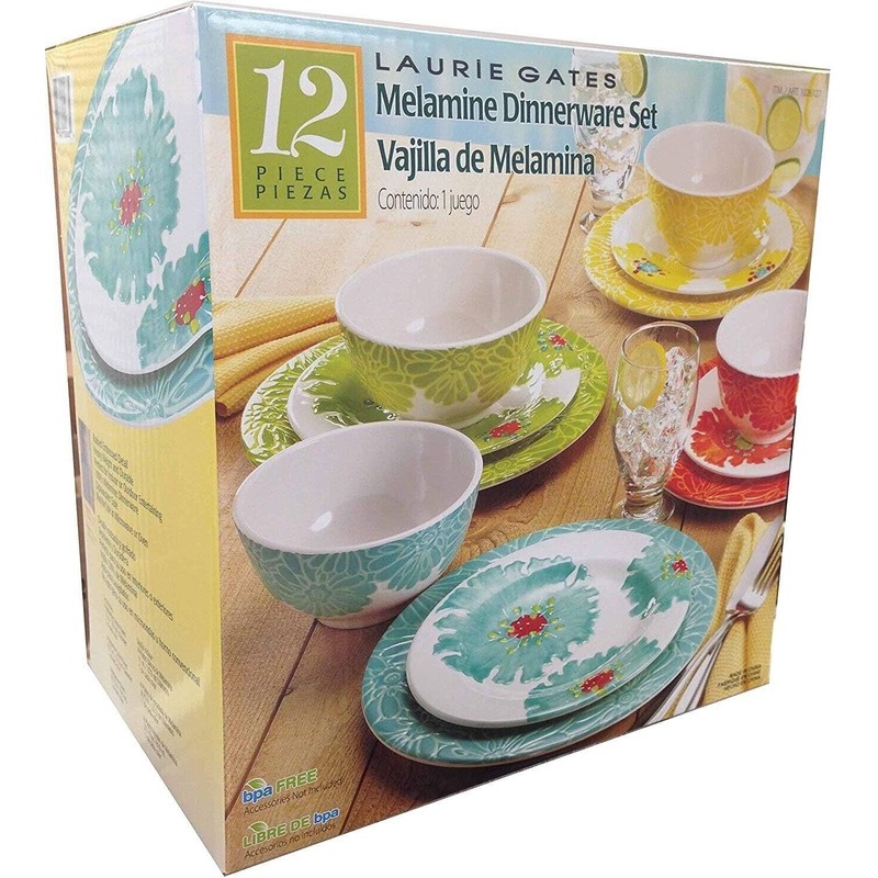 Laurie Gates - 12 Piece Melamine Dinnerware Set (Red, Yellow,