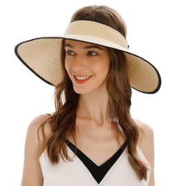 Womens Sun Hat Wide Brim Hats for Women Straw Sun Visors Roll Up Ponytail Beach Hats for Women, Light Beige, One Size