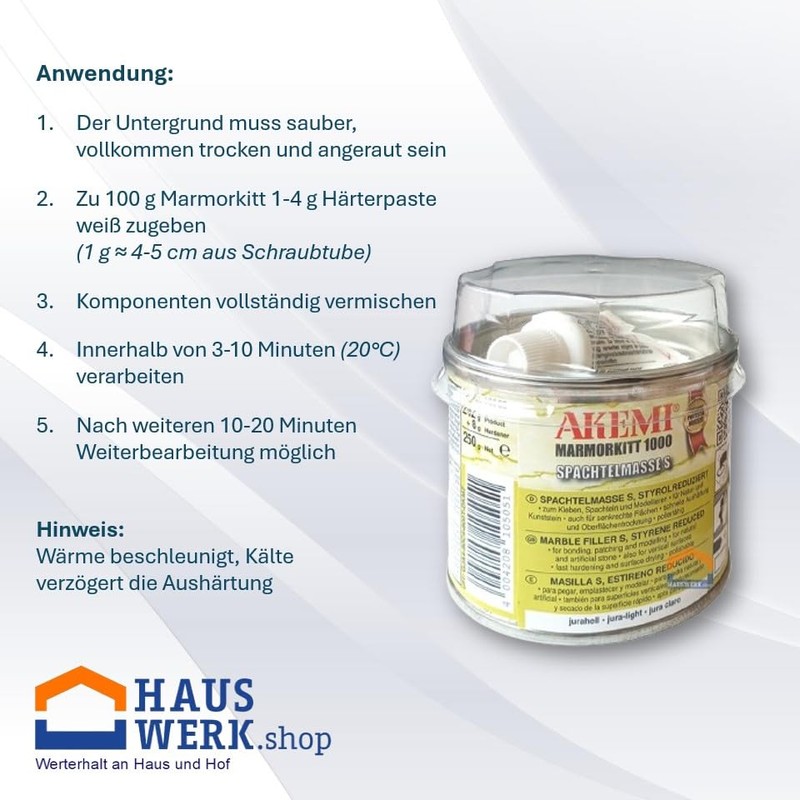 Hauswerk.shop Akemi Marmorkitt 1000 S Jurahell Set 150 ml Plus